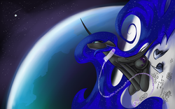 Size: 1889x1181 | Tagged: safe, artist:underpable, nightmare moon, g4, chains, collar, earth, female, floppy ears, looking up, missing accessory, moon, planet, smiling, solo, space, wheatley