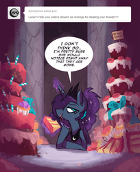 Size: 709x869 | Tagged: safe, artist:herny, princess luna, luna-afterdark, g4, ask, cake, eating, food, magic, sweets, tumblr