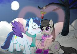 Size: 900x633 | Tagged: safe, artist:intelligent-zombie, octavia melody, soarin', g4, blushing, holly, holly mistaken for mistletoe, shipping, snow, soartavia, wing bling, wing warmers, wings, winter