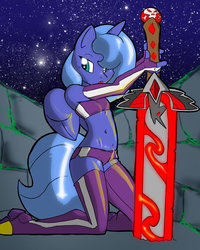 Size: 606x756 | Tagged: safe, artist:theburningdonut, princess luna, anthro, g4, alicorn amulet, belly button, boots, clothes, female, filly, gloves, hair over one eye, long gloves, midriff, night, night sky, s1 luna, shoes, sky, solo, stars, sword, thigh boots, young