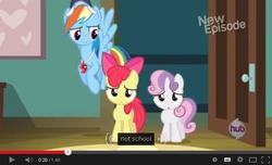 Size: 640x389 | Tagged: safe, screencap, apple bloom, rainbow dash, sweetie belle, earth pony, pegasus, unicorn, flight to the finish, g4, meme, rainbow dashs coaching whistle, trio, whistle, youtube caption