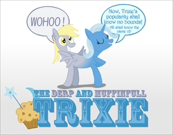 Size: 1557x1215 | Tagged: safe, artist:ultrathehedgetoaster, derpy hooves, trixie, pegasus, pony, unicorn, g4, conjoined, dialogue, female, fusion, fusion:derpy hooves, gradient background, hedgetoaster hybrid, mare, pushmi-pullyu, the derp and muffinful trixie, tripy (fusion), we have become one, what has science done