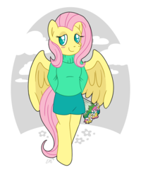 Size: 576x720 | Tagged: safe, artist:oomles, fluttershy, pegasus, anthro, g4, arm behind back, bouquet, clothes, female, flower, smiling, solo, sweater, sweatershy