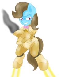 Size: 2300x2890 | Tagged: safe, artist:blackbewhite2k7, beauty brass, pony, g4, arm cannon, bipedal, brassmare, commission, crossover, floating, iron man, iron mare, marvel, parody, powered exoskeleton, simple background, smoke, solo, transparent background, vector