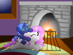 Size: 1280x960 | Tagged: safe, artist:aleximusprime, princess celestia, princess luna, pony, g4, baby, baby pony, cewestia, diaper, ear bite, filly, fireplace, foal, scrunchy face, woona, younger