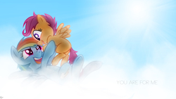 Size: 1920x1080 | Tagged: safe, artist:karl97, artist:kysss90, artist:mickeymonster, rainbow dash, scootaloo, pegasus, pony, g4, blank flank, cloud, cloudy, female, filly, foal, holding a pony, looking at each other, looking at someone, lying down, mare, on a cloud, on back, open mouth, open smile, scootalove, sky, smiling, song reference, spread wings, text, vector, wallpaper, wings