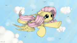 Size: 1920x1080 | Tagged: safe, artist:malamol, fluttershy, g4, cloud, cloudy, female, flying, happy, solo, wallpaper