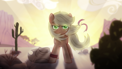 Size: 1920x1080 | Tagged: safe, artist:boneswolbach, artist:godoffury, artist:karl97, applejack, g4, backlighting, cactus, crepuscular rays, female, looking at you, loose hair, ribbon, solo, vector, wallpaper, windswept mane