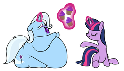 Size: 1472x850 | Tagged: safe, artist:calorie, trixie, twilight sparkle, g4, belly, big belly, chubby cheeks, cupcake, fat, feeding, force feeding, huge butt, immobile, impossibly large belly, large butt, magic, morbidly obese, obese, the great and bountiful trixie, the great and powerful ass