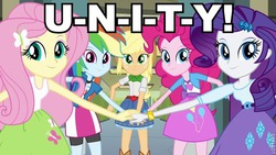 Size: 640x360 | Tagged: safe, applejack, fluttershy, pinkie pie, rainbow dash, rarity, equestria girls, g4, image macro, queen latifah, song reference, unity