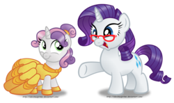 Size: 1280x757 | Tagged: safe, artist:aleximusprime, rarity, sweetie belle, g4, alternate hairstyle, beauty and the beast, belle, clothes, dress, glasses, namesake, pun, simple background, transparent background, visual pun