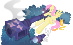 Size: 2045x1263 | Tagged: safe, artist:toonlancer, angel bunny, fluttershy, pegasus, pony, g4, anti-materiel rifle, bush, cutie mark, duo, female, gun, hooves, mare, one eye closed, optical sight, pet, rifle, sitting, smoke, sniper rifle, snipershy, spread wings, weapon, wings