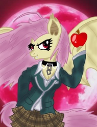 Size: 1280x1680 | Tagged: safe, artist:xquiizitgam3r, fluttershy, bat pony, anthro, bats!, g4, apple, female, flutterbat, moka akashiya, mokashy, moon, race swap, rosario to vampire, solo