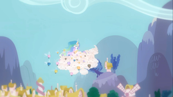 Size: 1366x768 | Tagged: safe, screencap, princess celestia, alicorn, parasprite, pony, g4, swarm of the century, fantasy, kidnapped, ponyville, screamlestia, swarm