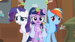 Size: 1366x768 | Tagged: safe, screencap, rainbow dash, rarity, twilight sparkle, parasprite, g4, swarm of the century