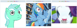 Size: 770x276 | Tagged: safe, lyra heartstrings, rainbow dash, rarity, derpibooru, g4, exploitable meme, juxtaposition, juxtaposition win, meme, meta, nightmare fuel, wat