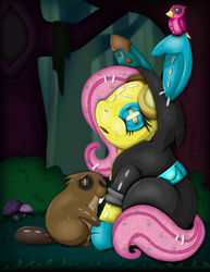 Size: 2550x3300 | Tagged: safe, artist:thebubbleqat, fluttershy, beaver, bird, pegasus, pony, g4, bunny ears, clothes, dangerous mission outfit, female, goggles, hoodie, mare, plushie