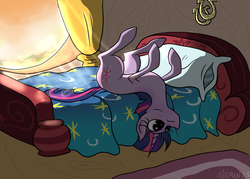 Size: 1400x1004 | Tagged: safe, artist:sigmanas, twilight sparkle, pony, g4, bed, bedroom, crepuscular rays, female, frown, golden oaks library, legs in air, on back, solo, sunset, surprised, upside down, wide eyes, window
