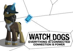 Size: 1064x751 | Tagged: safe, artist:batonya12561, pony, aiden pearce, cellphone, crossover, game, magic, ponified, solo, watch dogs