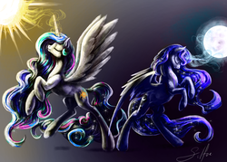 Size: 3500x2500 | Tagged: safe, artist:silfoe, princess celestia, princess luna, g4, magic, moon, moon work, sun, sun work