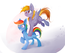 Size: 2100x1700 | Tagged: safe, artist:pfjerk, derpy hooves, rainbow dash, pegasus, pony, g4, crying, female, flying, mare, ouch