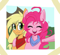 Size: 1050x950 | Tagged: safe, artist:silbersternenlicht, applejack, pinkie pie, g4, :d, bust, duo, front view, happy, hug, open mouth, open smile, selfie, smiling