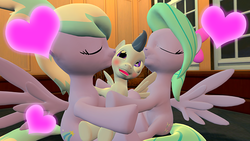 Size: 640x360 | Tagged: safe, cloudchaser, flitter, rumble, g4, 3d, cheek kiss, female, gmod, heart, kiss on the head, kiss sandwich, kissing, male, rumble gets both the mares, ship:flitterumble, ship:flitterumblechaser, ship:rumblechaser, shipping, straight