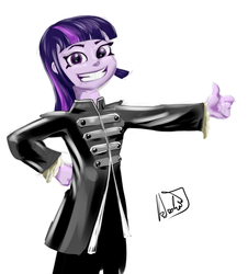 Size: 800x884 | Tagged: safe, artist:archonix, twilight sparkle, human, g4, clothes, female, humanized, i dun goofed, looking at you, my chemical romance, pony coloring, signature, simple background, solo, the black parade, thumbs up, uniform, white background