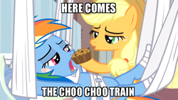 Size: 800x450 | Tagged: safe, applejack, rainbow dash, g4, my little pony: friendship is magic, rainbow falls, apple brown betty (food), bandage, bedroom eyes, caption, feeding, hospital, image macro, meme