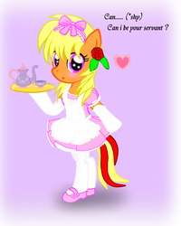 Size: 2000x2500 | Tagged: safe, artist:avchonline, oc, oc only, oc:sean, pony, apron, bipedal, blushing, clothes, crossdressing, dress, heart, maid, male, mary janes, pinafore, puffy sleeves, ribbon, solo, stockings, tea, teacup, teapot