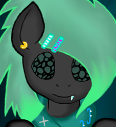 Size: 360x397 | Tagged: safe, artist:princessamity, oc, oc only, changeling, 80s, accessory, braces, clothes, earring, green changeling, hairlip, portrait, scarf, solo