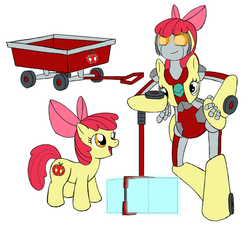 Size: 800x720 | Tagged: safe, artist:atomic-chinchilla, apple bloom, robot, g4, crossover, fanfic art, female, hammer, solo, species swap, transformerfied, transformers, wagon