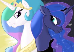 Size: 1024x724 | Tagged: safe, artist:ladynanaki, princess celestia, princess luna, alicorn, pony, g4, bust, crown, duo, female, glare, jewelry, looking at each other, looking at someone, mare, regalia, rivalry, sibling rivalry