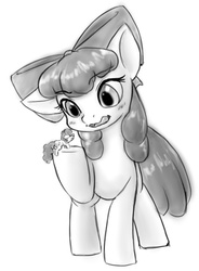 Size: 531x720 | Tagged: safe, artist:alloyrabbit, apple bloom, twist, g4, implied vore, macro, micro, monochrome