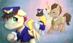 Size: 1038x615 | Tagged: safe, artist:c-puff, care package, derpy hooves, doctor whooves, special delivery, time turner, pegasus, pony, g4, blushing, clothes, crush, crying, female, heart, heartbreak, love letter, mailpony, male, mare, nuzzling, ship:doctorderpy, shipping, shipping denied, stallion, straight, uniform