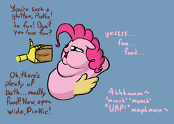 Size: 981x697 | Tagged: safe, artist:calorie, discord, pinkie pie, g4, bust, cake, chubby cheeks, dialogue, double chin, fat, feeding, female, floppy ears, head only, male, morbidly obese, neck roll, obese, piggy pie, pudgy pie, ship:discopie, shipping, straight