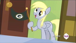 Size: 960x540 | Tagged: safe, derpy hooves, pegasus, pony, g4, rainbow falls, derpy's flag, female, flag, green bay packers, hub logo, mare, meme, nfl, solo, wisconsin