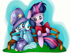 Size: 1038x770 | Tagged: safe, artist:laliiyeaah, trixie, twilight sparkle, g4, blushing, book, diary, female, lesbian, ship:twixie, shipping