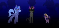 Size: 1297x616 | Tagged: safe, artist:22bubble-eyes22, king sombra, princess luna, twilight sparkle, alicorn, pony, unicorn, g4, crown, element of magic, female, filly, filly twilight sparkle, foal, jewelry, mare, nightmare luna, regalia, trio, twilight sparkle (alicorn), younger