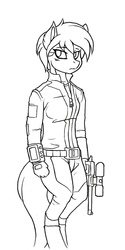 Size: 600x1200 | Tagged: safe, artist:whitepone, oc, oc only, oc:littlepip, anthro, fallout equestria, anthro oc, black and white, clothes, fanfic, fanfic art, female, grayscale, gun, handgun, hooves, jumpsuit, little macintosh, monochrome, optical sight, pipbuck, revolver, simple background, solo, vault suit, weapon, white background