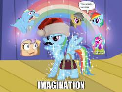 Size: 717x543 | Tagged: safe, artist:appuljack, screencap, bulk biceps, daring do, princess cadance, rainbow dash, scootaloo (g3), pegasus, pony, boast busters, g3, g3.5, g4, newborn cuties, cropped, female, hat, idiot box, image macro, imagination, mare, meme, mousdash, moustache, pizap, rainbow, random, santa hat, spongebob squarepants