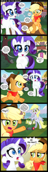 Size: 1000x3550 | Tagged: safe, artist:coltsteelstallion, applejack, derpy hooves, rarity, earth pony, pegasus, pony, unicorn, g4, applejack's hat, background pony, bag, bandana, bipedal, comic, cowboy hat, eating, engrish, female, floppy ears, grass, grazing, hat, herbivore, horses doing horse things, lawn mower, mare, marshmelodrama, nom, rarity being rarity, sitting, smiling, speech bubble, sudden realization, tongue out, tower of pimps, uncouth, y'all