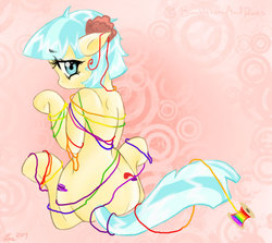 Size: 814x727 | Tagged: safe, artist:bumblebeesandroses, coco pommel, earth pony, pony, g4, abstract background, female, looking at you, looking back, looking back at you, mare, rainbow thread, solo, tangled up