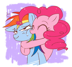 Size: 615x576 | Tagged: safe, artist:nmnkgskds, pinkie pie, rainbow dash, g4, female, hug, lesbian, pixiv, ship:pinkiedash, shipping