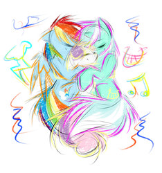 Size: 1495x1600 | Tagged: safe, artist:kejifox, lyra heartstrings, rainbow dash, sweetie belle, pegasus, pony, unicorn, g4, colorful, hug