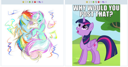 Size: 570x302 | Tagged: safe, lyra heartstrings, rainbow dash, sweetie belle, twilight sparkle, alicorn, pony, derpibooru, g4, exploitable meme, juxtaposition, juxtaposition win, meme, meta