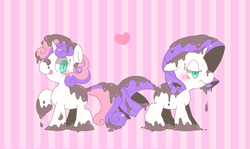 Size: 740x440 | Tagged: safe, artist:x0x0-x0x0, rarity, sweetie belle, pony, unicorn, g4, :p, dirty, female, filly, heart, mare, mud, pixiv, siblings, sisters, tongue out, unamused
