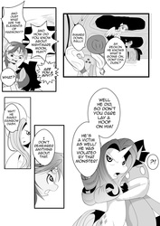 Size: 2203x3115 | Tagged: safe, artist:0ryomamikado0, applejack, fluttershy, rainbow dash, rarity, twilight sparkle, comic:the unexpected love life of dusk shine, g4, comic, dusk shine, monochrome, rule 63