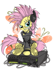 Size: 3508x4961 | Tagged: safe, artist:toonlancer, fluttershy, g4, alternate hairstyle, clothes, female, flutterpunk, headphones, hoodie, mohawk, piercing, punk, solo