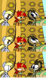 Size: 1280x2176 | Tagged: safe, artist:joeywaggoner, derpy hooves, doctor whooves, time turner, oc, oc:tick tock, pegasus, pony, doctor whooves and assistant, g4, blushing, doctor who, female, mare, tardis, tardis console room, tardis control room, the doctor, trio